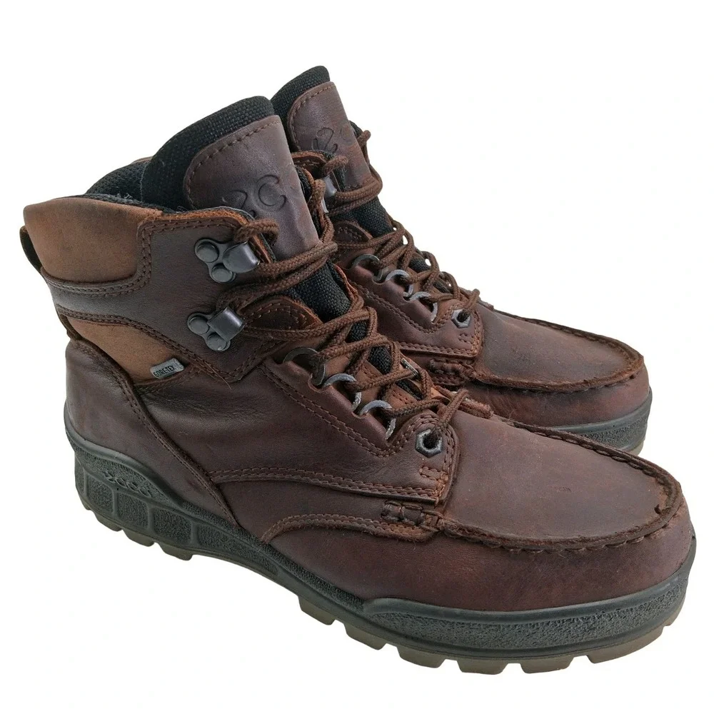 ECCO Track Boots Mens Size 8 Brown Leather Waterproof Gore-Tex Ankle Hiking
